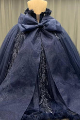 Ball Gown Off Shoulder Sleeveless Fully Beaded Appliques Bow Knot Lace Up Sparkly Dark Navy Tulle Quinceanera Dress Birthday Party Dress For Sweet 16